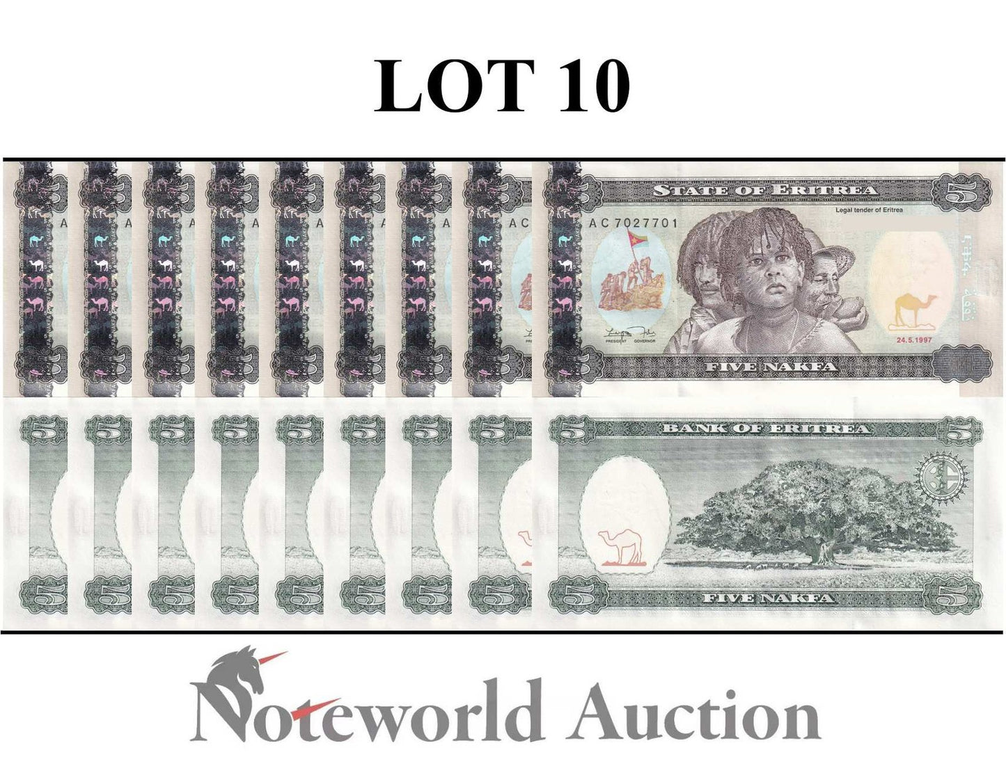 ERITREA 5 Nakfa 1997 P 2 Lot 10 pcs 1/10 Bundle UNC