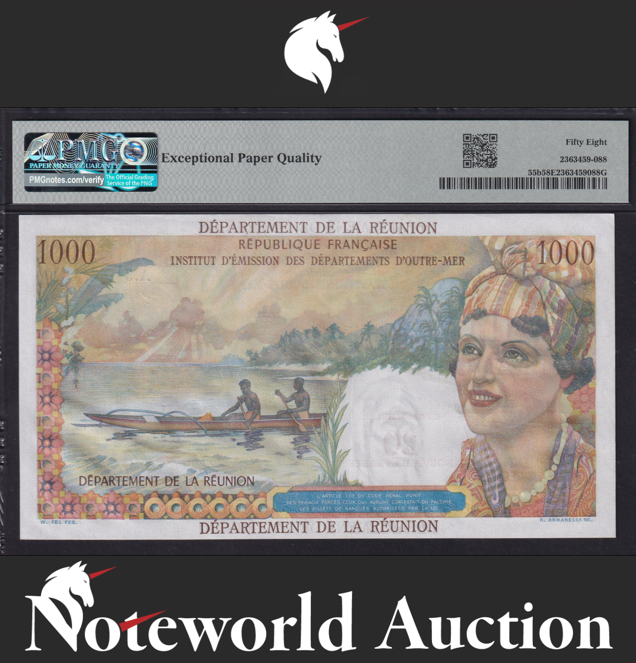 Reunion 20 Nouveaux Francs on 1000 Francs ND 1971 P 55b AU PMG 58 EPQ