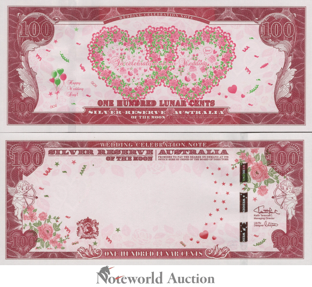 Australia 100 Cents Silver Reserve of the Moon Wedding Celebration Note W/F UNC