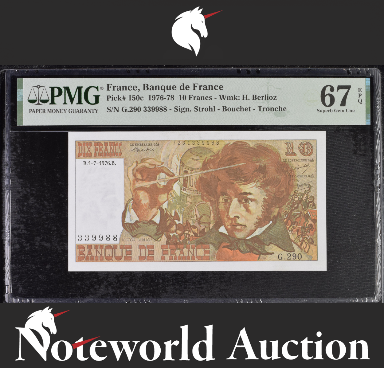 France 10 Francs 1976-78 P 150c Fancy No. 339988 UNC PMG 67 EPQ 3rd TOP POP