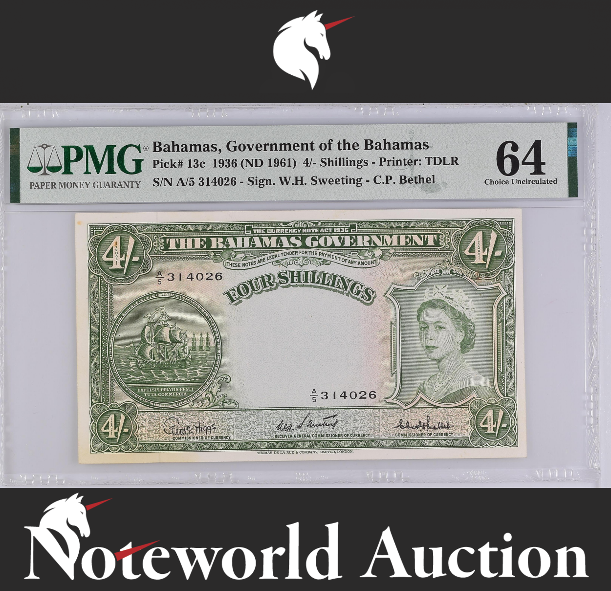 Bahamas Government of the Bahamas 4/- Shillings 1936 (ND 1961) P 13c UNC PMG 64