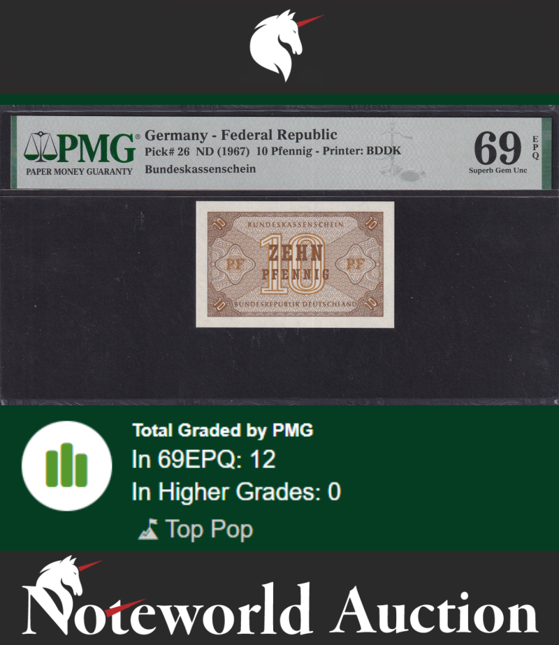 Germany Federal Republic 10 Pfennig ND (1967) P 26 UNC PMG 69 EPQ TOP POP
