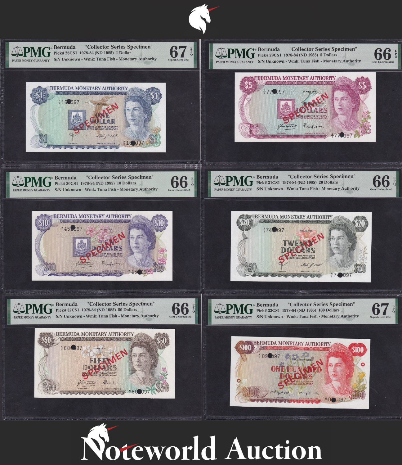 BERMUDA Set 6 p - 1 5-100 1978-84 Collector Series Specimen NO.097 UNC PMG EPQ