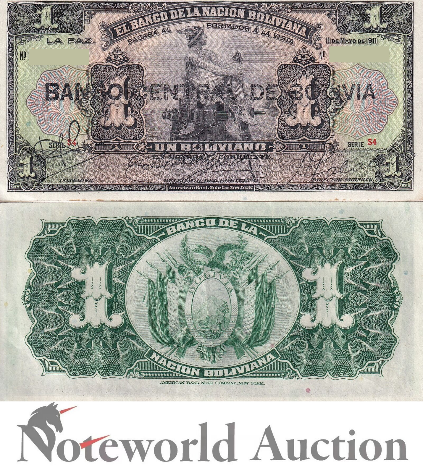 BOLIVIA 1 Boliviano 1911 P 112 Serie S4 XF-AU