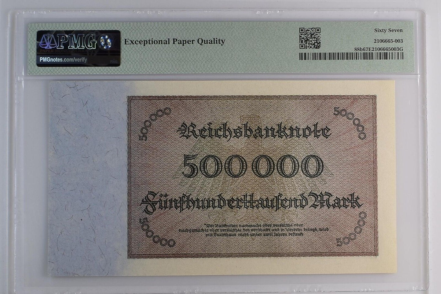 GERMANY TREASURY 500000 1923 P 88b S/N on Front Only 2nd Top POP UNC PMG 67 EPQ