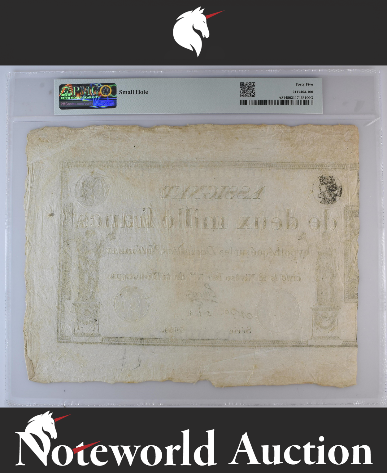France 1000 Francs 1795 P A81 Small Hole Large Note EF PMG 45