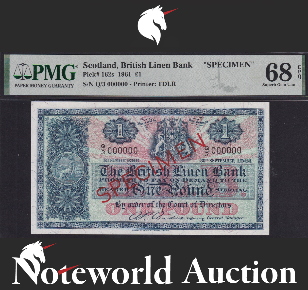 Scotland British Linen Bank £1 1961 P 162s SPECIMEN UNC PMG 68 EPQ TOP POP