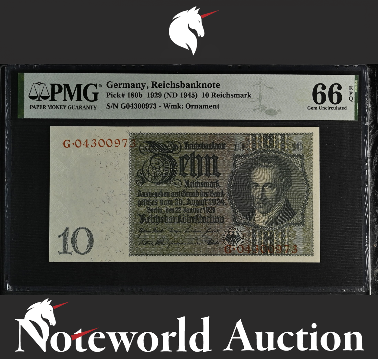Germany Reichsbanknote 10 1929 (ND 1945) P 180b UNC PMG 66 EPQ 3rd TOP POP