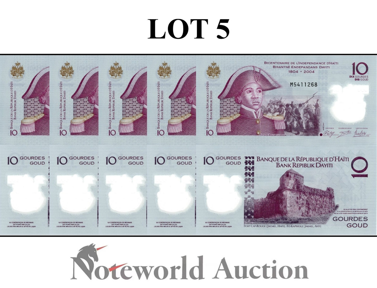 HAITI 10 Gourdes 2013 P 279 Commemorative Polymer Lot 5 pcs 1/20 Bundle UNC