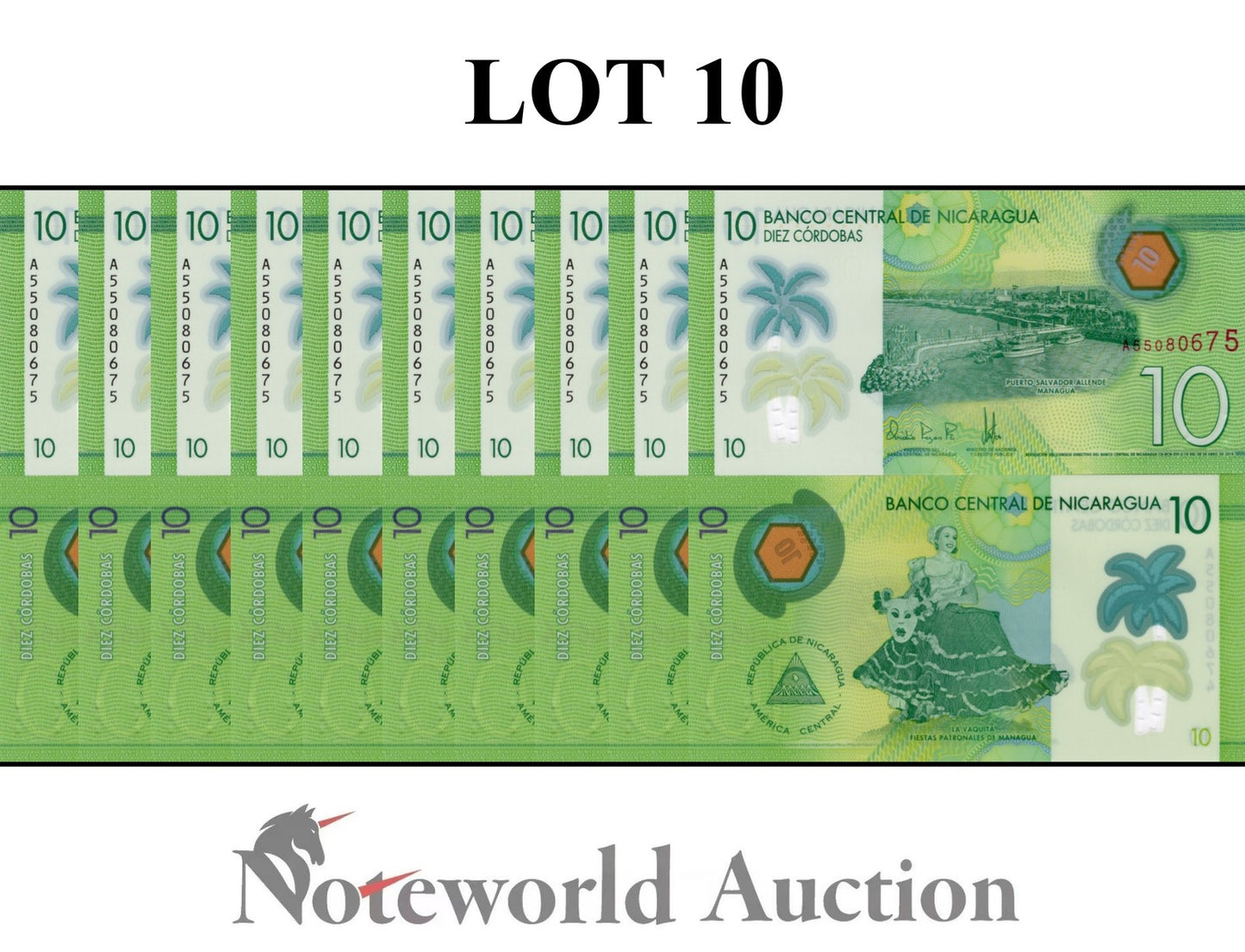 NICARAGUA 10 Cordobas 2019 P 209a Polymer Lot 10 pcs 1/10 Bundle UNC