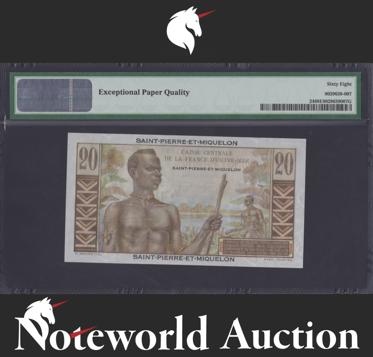 Saint Pierre Miquelon 20 Francs ND (1950-60) P 24 UNC PMG 68 EPQ 2nd TOP POP