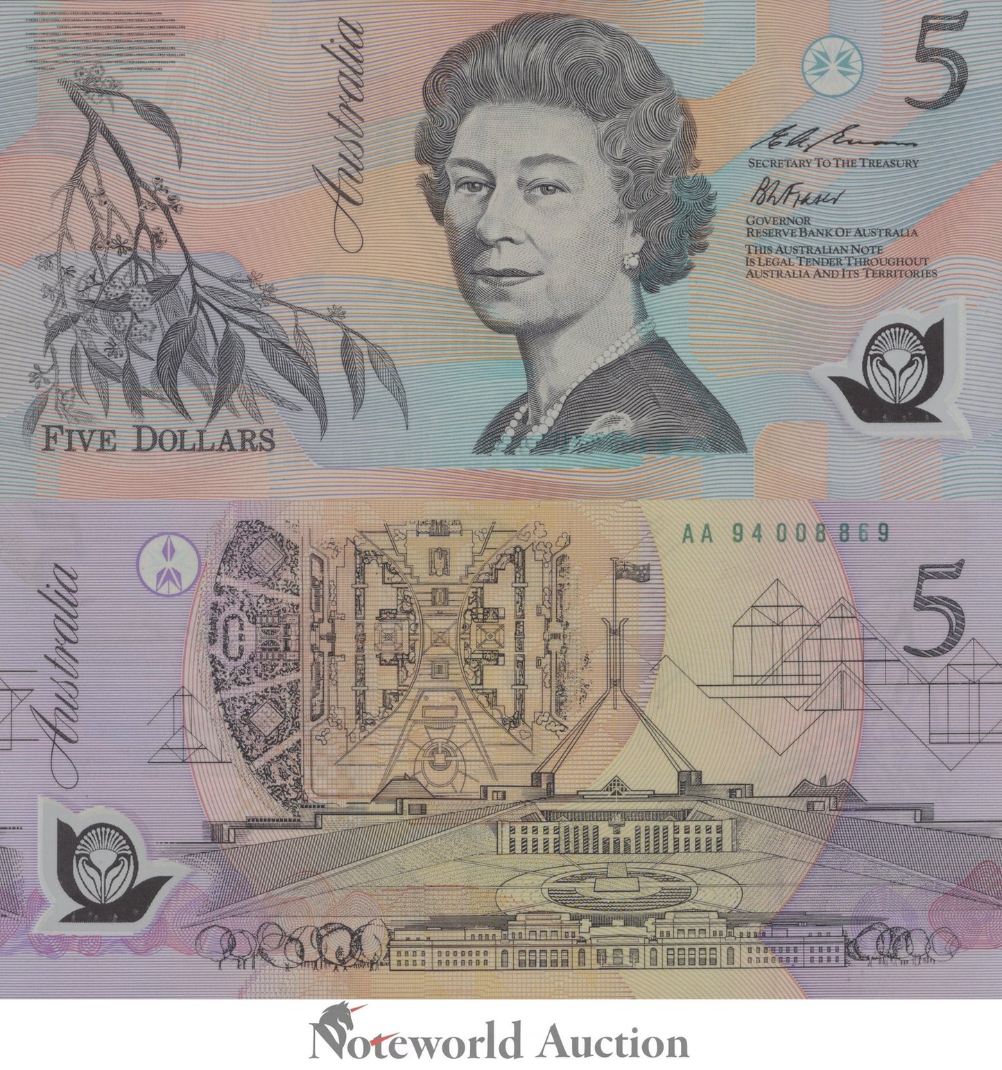 AUSTRALIA 5 Dollars 1993 P 50c Polymer Prefix AA With Folder UNC
