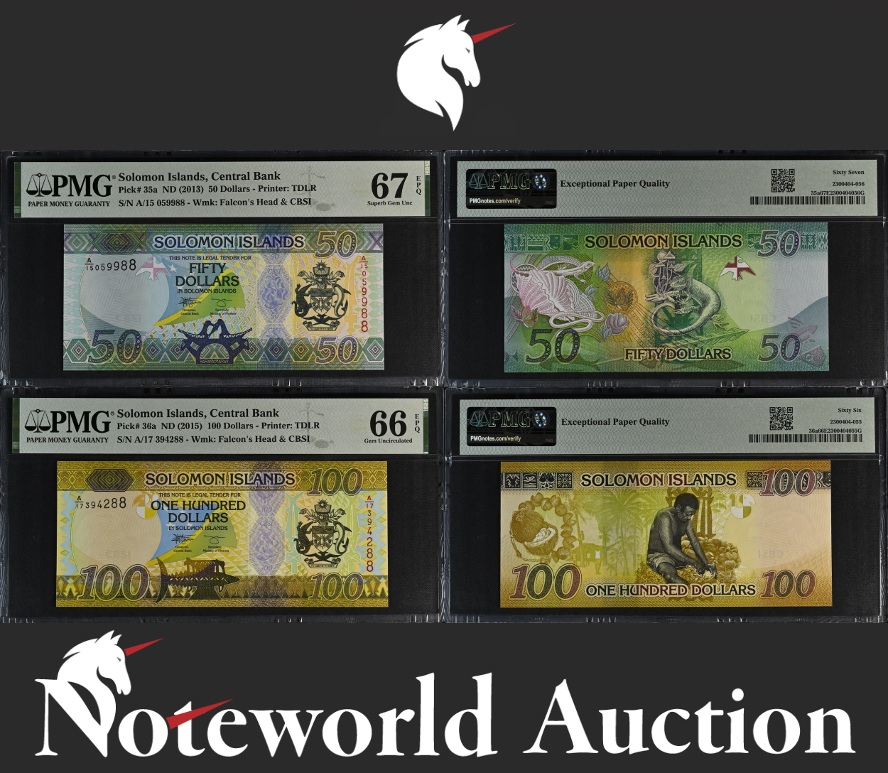 Solomon Islands Set 2 - 50 100 Dollars ND 2013 2015 P 35a 36a UNC PMG 66 67 EPQ