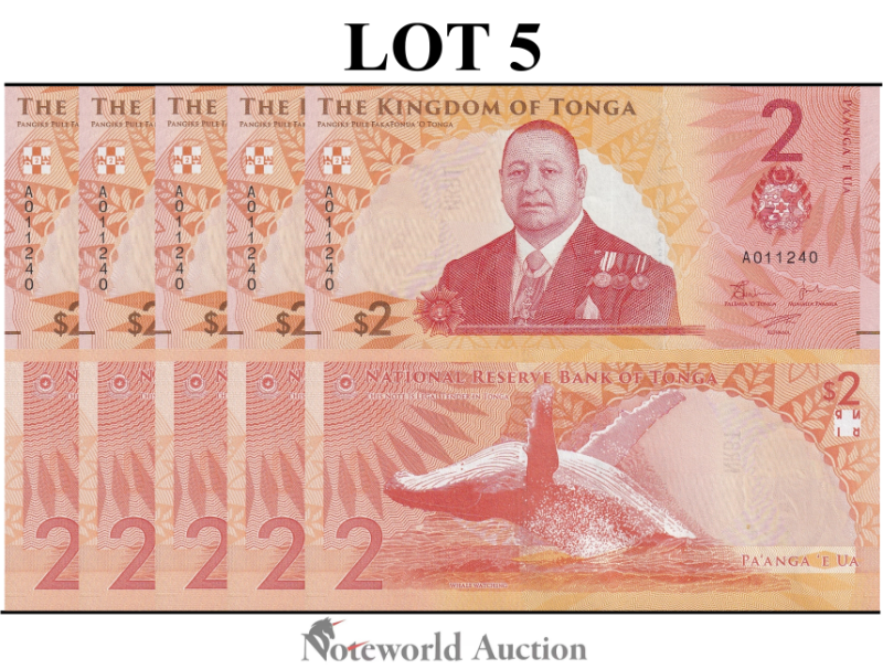TONGA 2 Pa'anga 2024 P 50 Lot 5 pcs 1/20 Bundle UNC