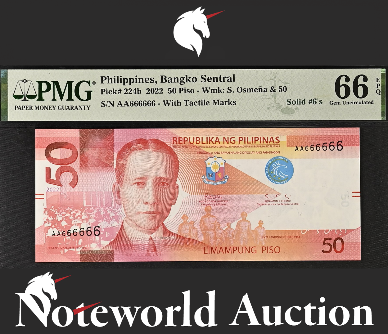 PHILIPPINES 50 2022 P 224b Prefix AA SOLID 6 - 666666 UNC PMG 66 EPQ 3rd TOP POP