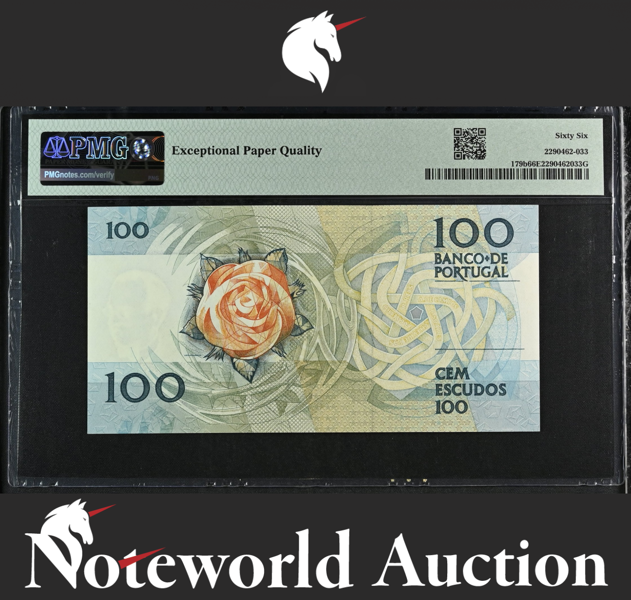 Portugal 100 Escudos 1987 P 179b LOW S/N 001286 UNC PMG 66 EPQ 2nd TOP POP