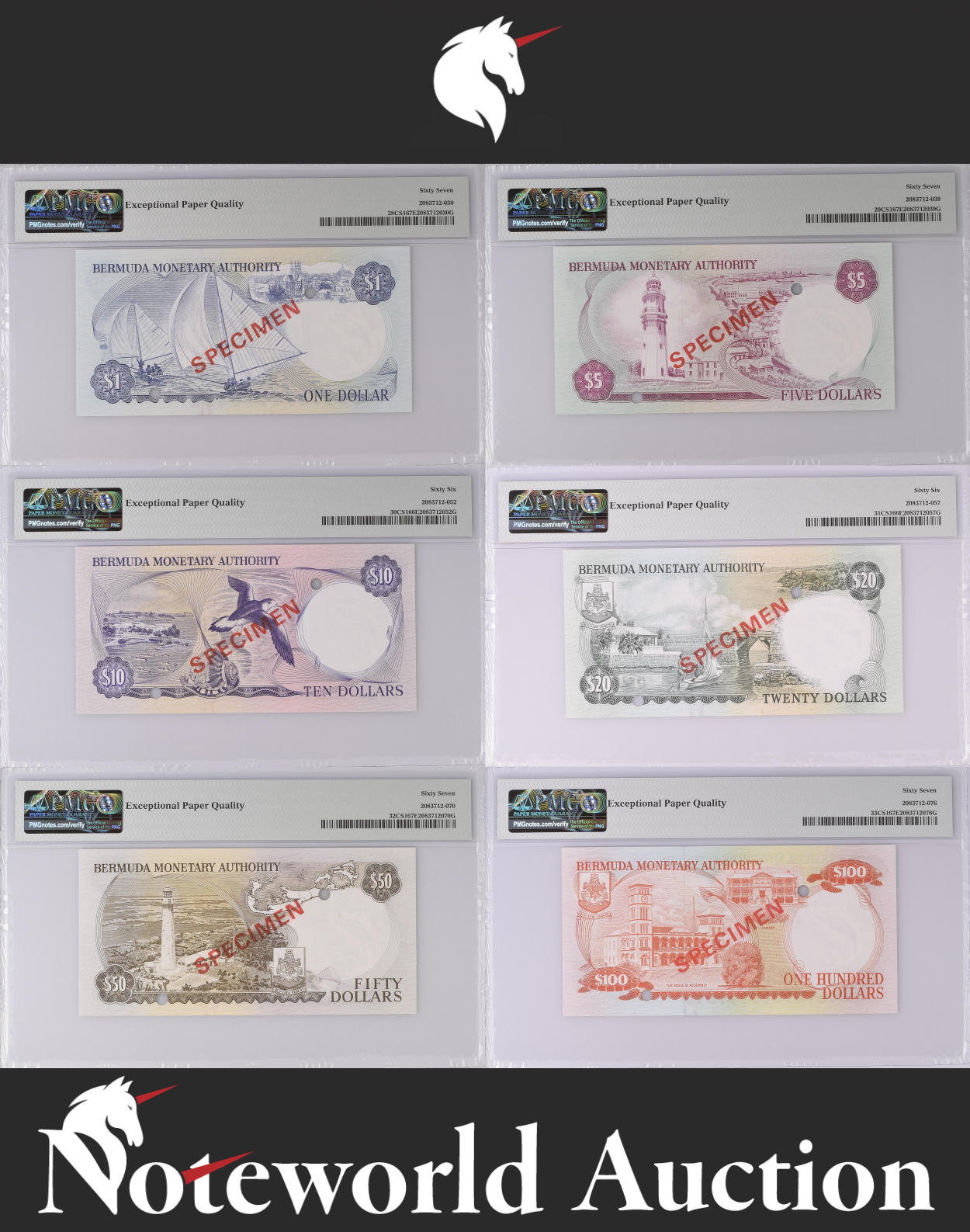 Bermuda Set 6- 1 5 10 20-100 1978-84 Collector Series Specimen UNC PMG 66 67 EPQ