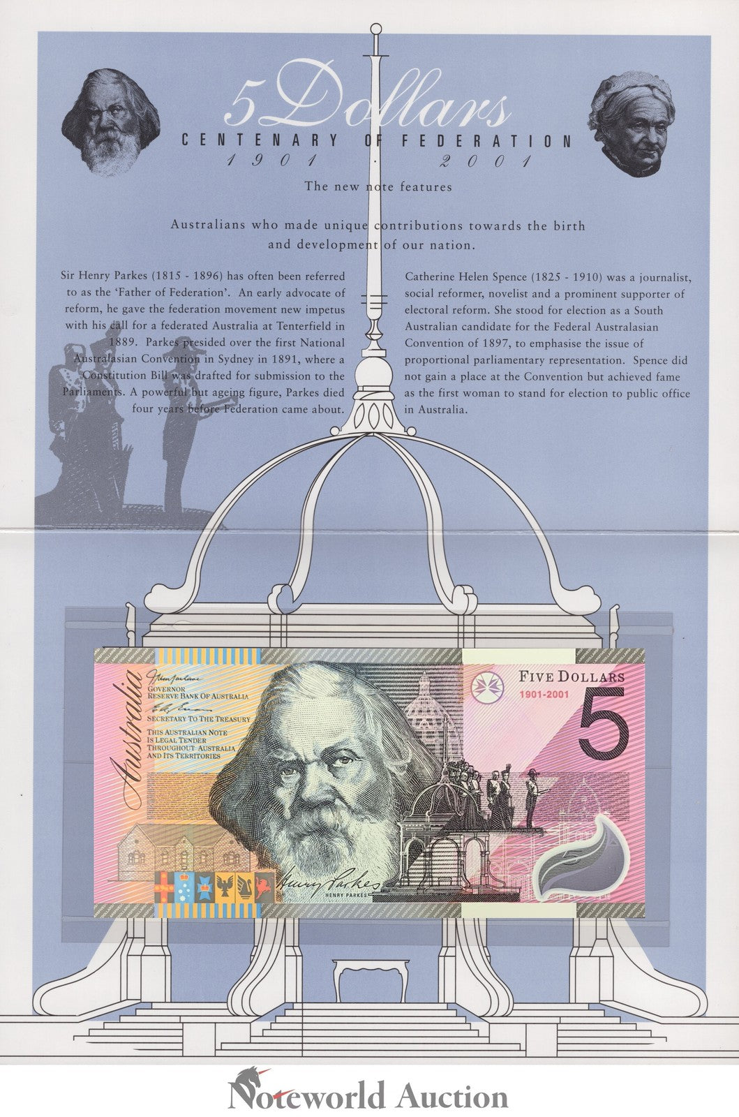 AUSTRALIA 5 Dollars 1901-2001 P 56b COMM. Polymer Prefix AA With Folder UNC