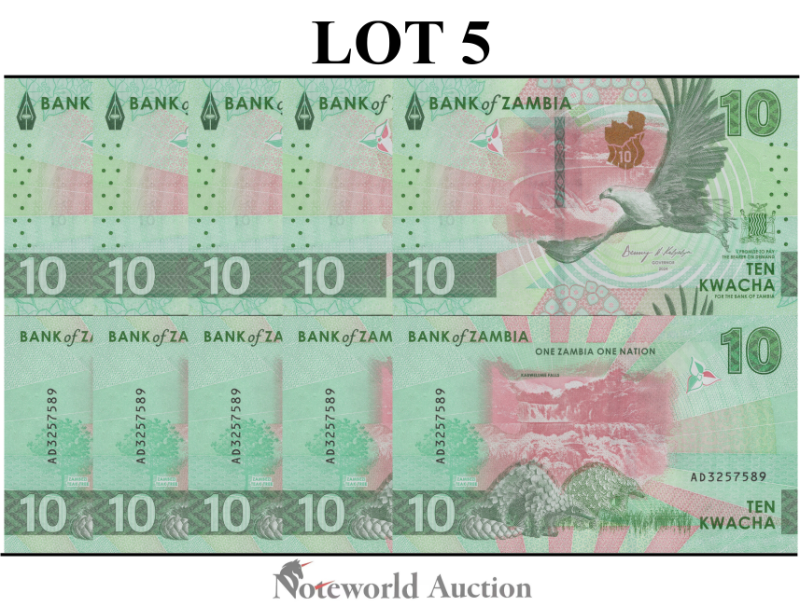 ZAMBIA 10 Kwacha 2024 2025 P New Issue Lot 5 pcs 1/20 Bundle UNC