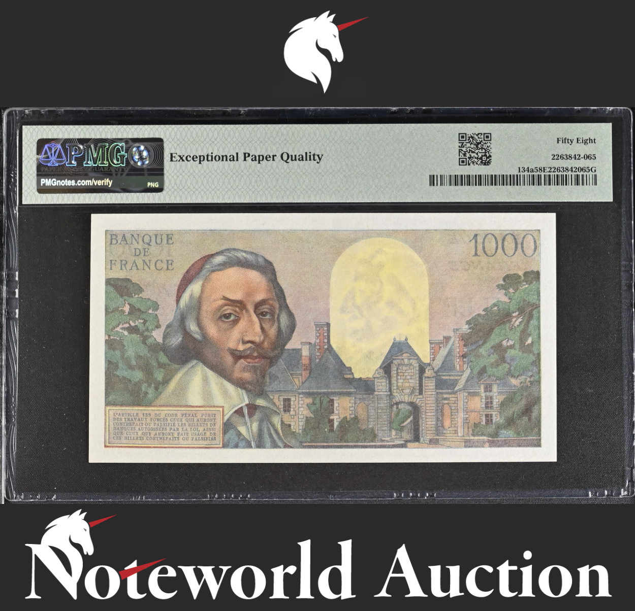 France Banque de France 1000 Francs 1953-56 P 134a AU PMG 58 EPQ