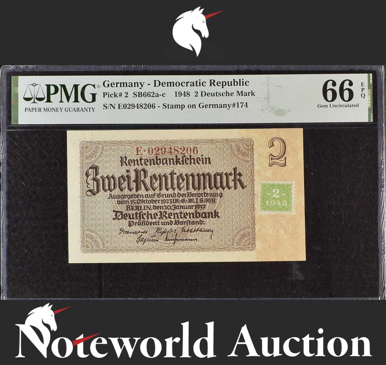Germany Democratic Republic 2 Deutsche Mark 1948 P 2 UNC PMG 66 EPQ 2nd TOP POP