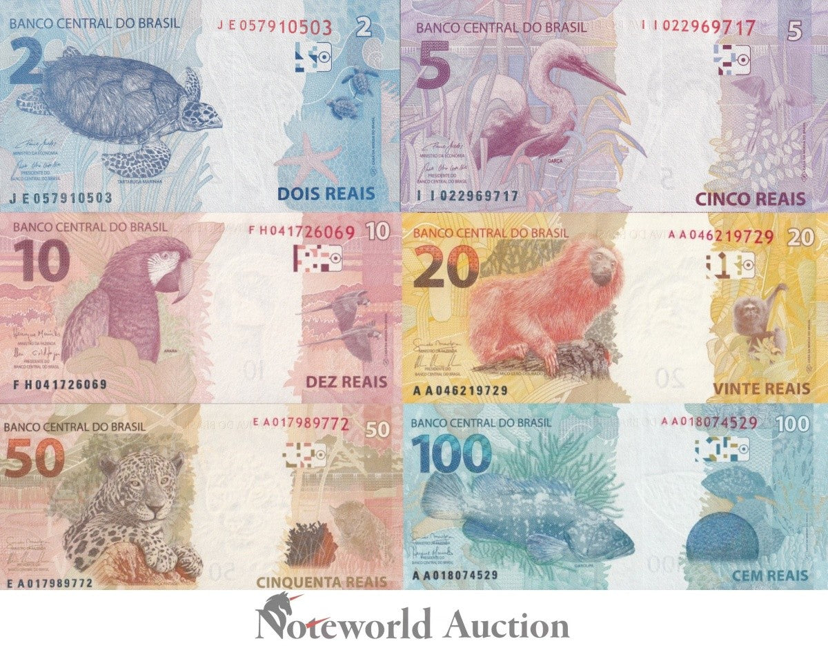 BRAZIL 2 5 10 20 50 100 Reais 2010 P 252 253 254 255 256 257 Set 6 pcs UNC