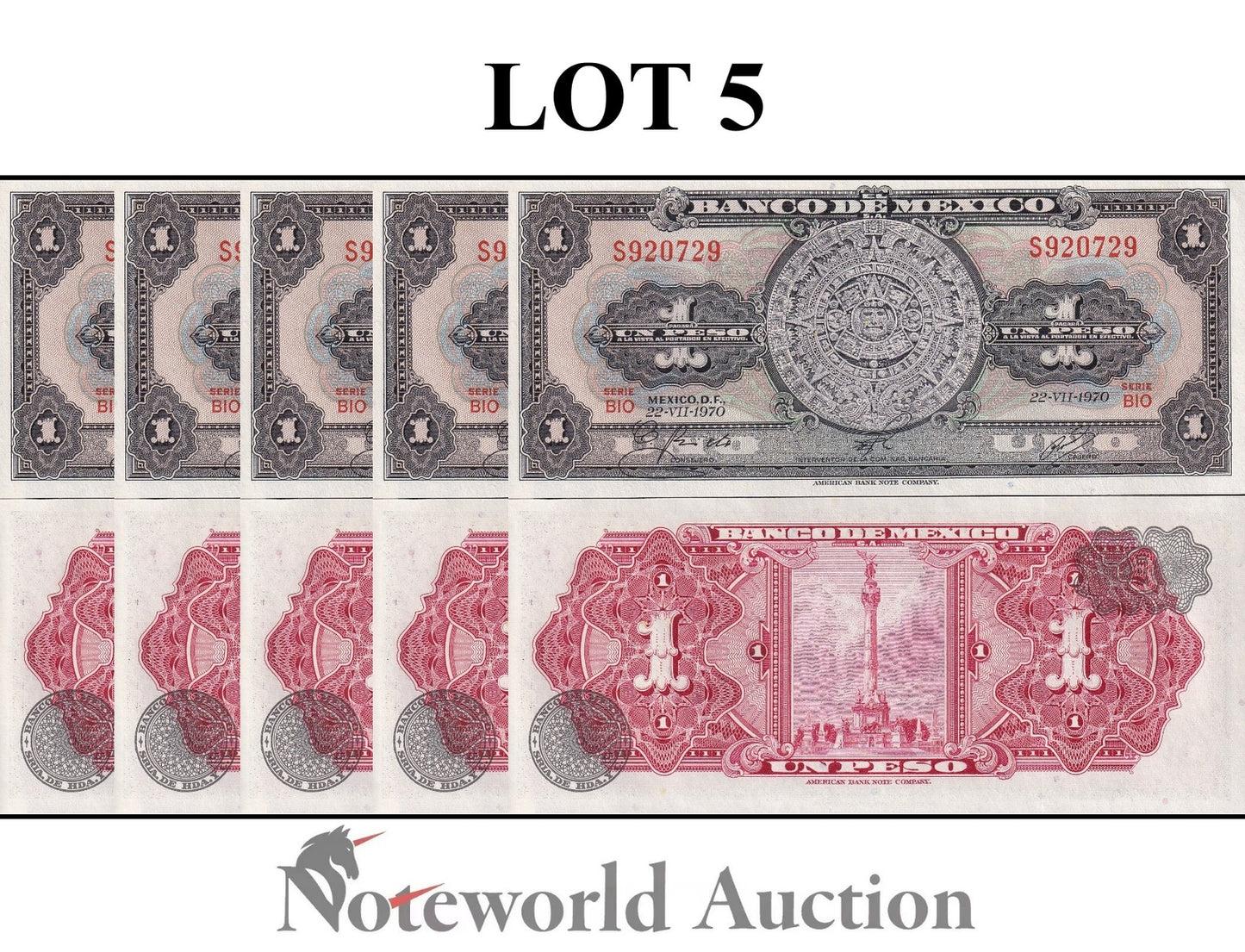 MEXICO 1 Peso 1970 P 59l Lot 5 pcs 1/20 Bundle UNC