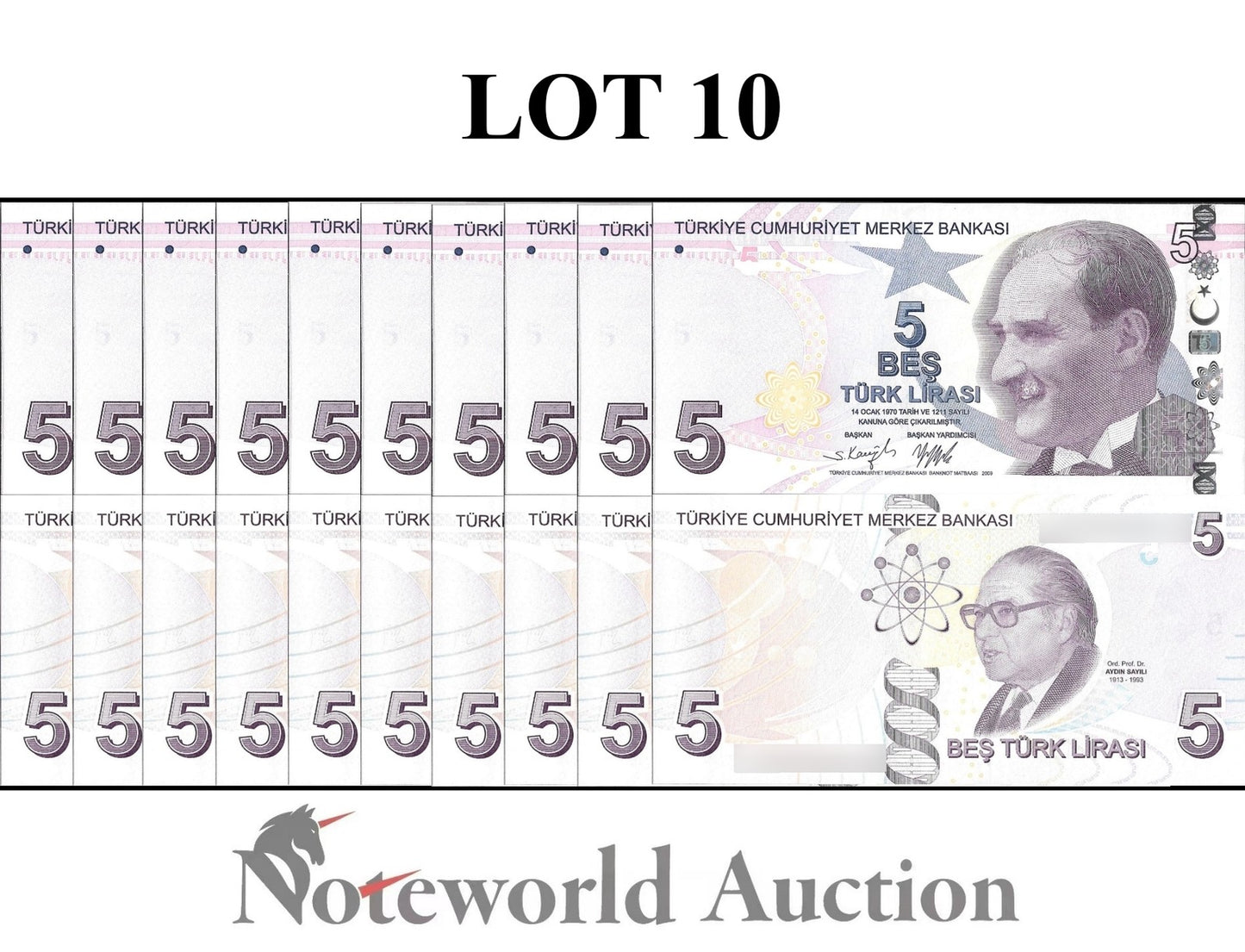 TURKEY 5 Turk Lirasi 2009/2022 P 222 Lot 10 pcs 1/10 Bundle UNC