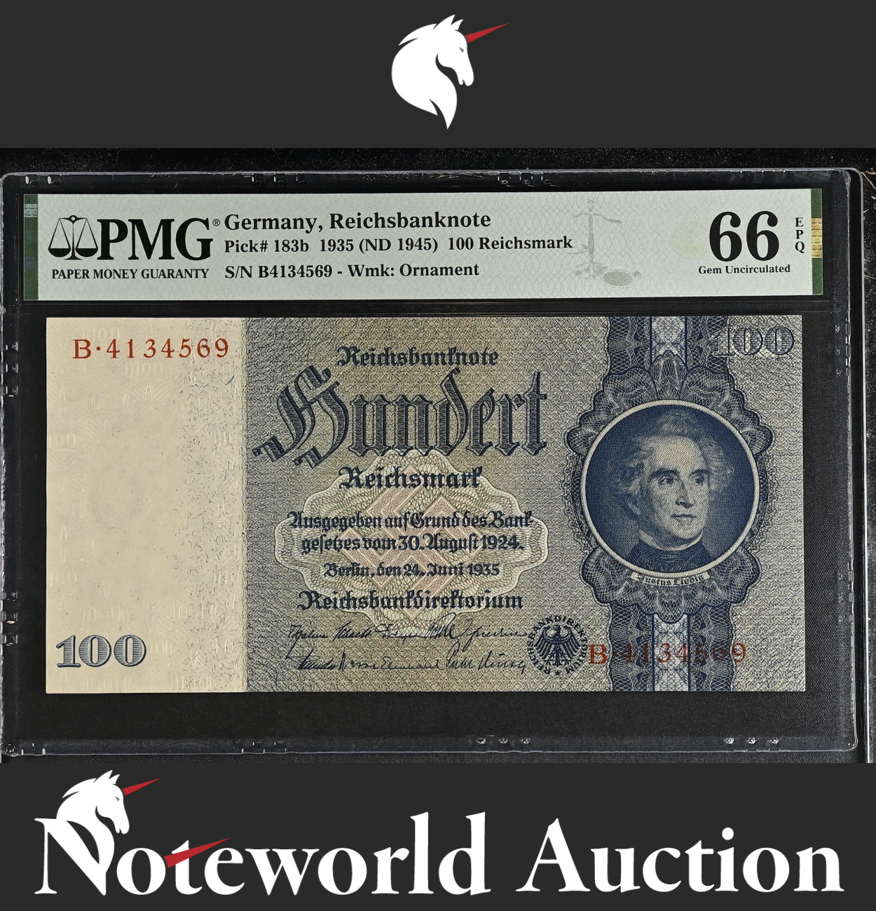 Germany Reichsbanknote 100 1935 (ND 1945) P 183b UNC PMG 66 EPQ 2nd TOP POP