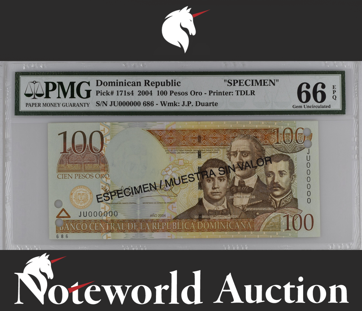 Dominican Republic SPECIMEN 100 2004 P 171s4 UNC PMG 66 EPQ 2nd TOP POP