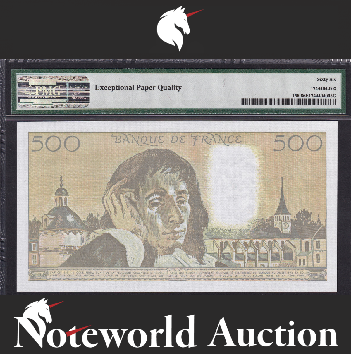 France Banque de France 500 Francs 1991-93 P 156i UNC PMG 66 EPQ 2nd TOP POP