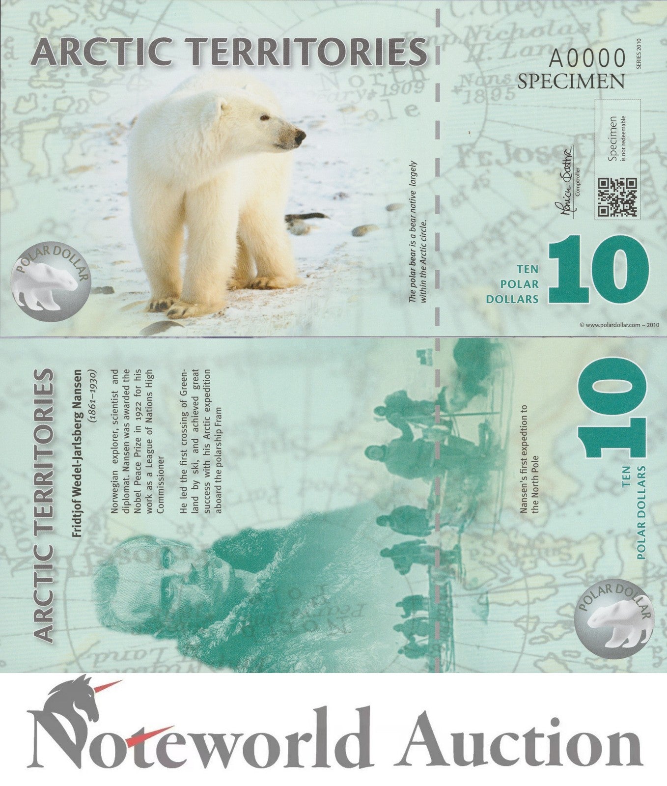 ARCTIC TERRITORIES TEST NOTE 10 Dollars 2010 Polymer Specimen UNC