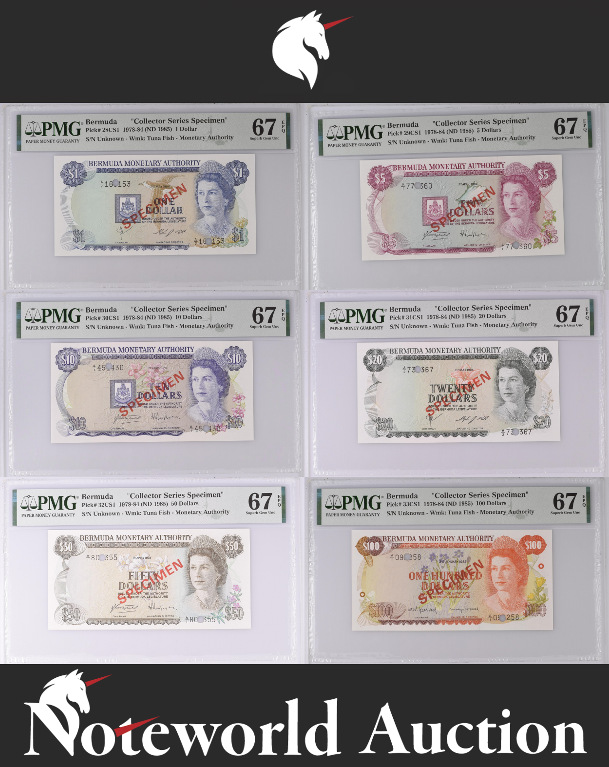 BERMUDA Set 6- 1 5 10 20 50 100 1978-84 Collector Series Specimen UNC PMG 67 EPQ