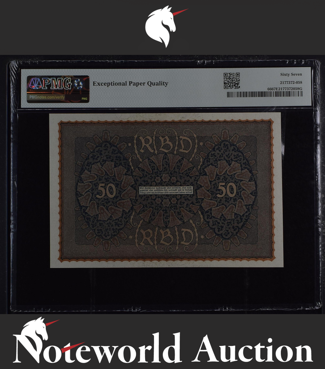 Germany Imperial Bank Note 50 Mark 1919 P 66 UNC PMG 67 EPQ 2nd TOP POP