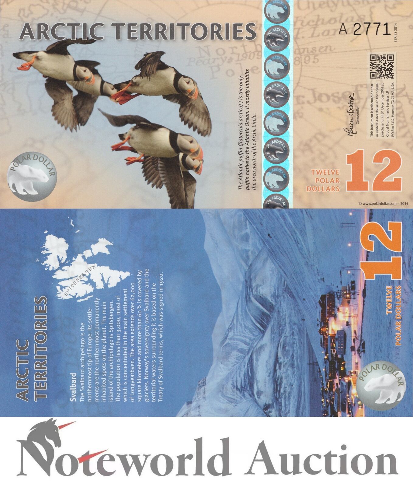 ARCTIC TERRITORIES TEST NOTE - 12 Dollars 2014 Puffins Series A Polymer UNC