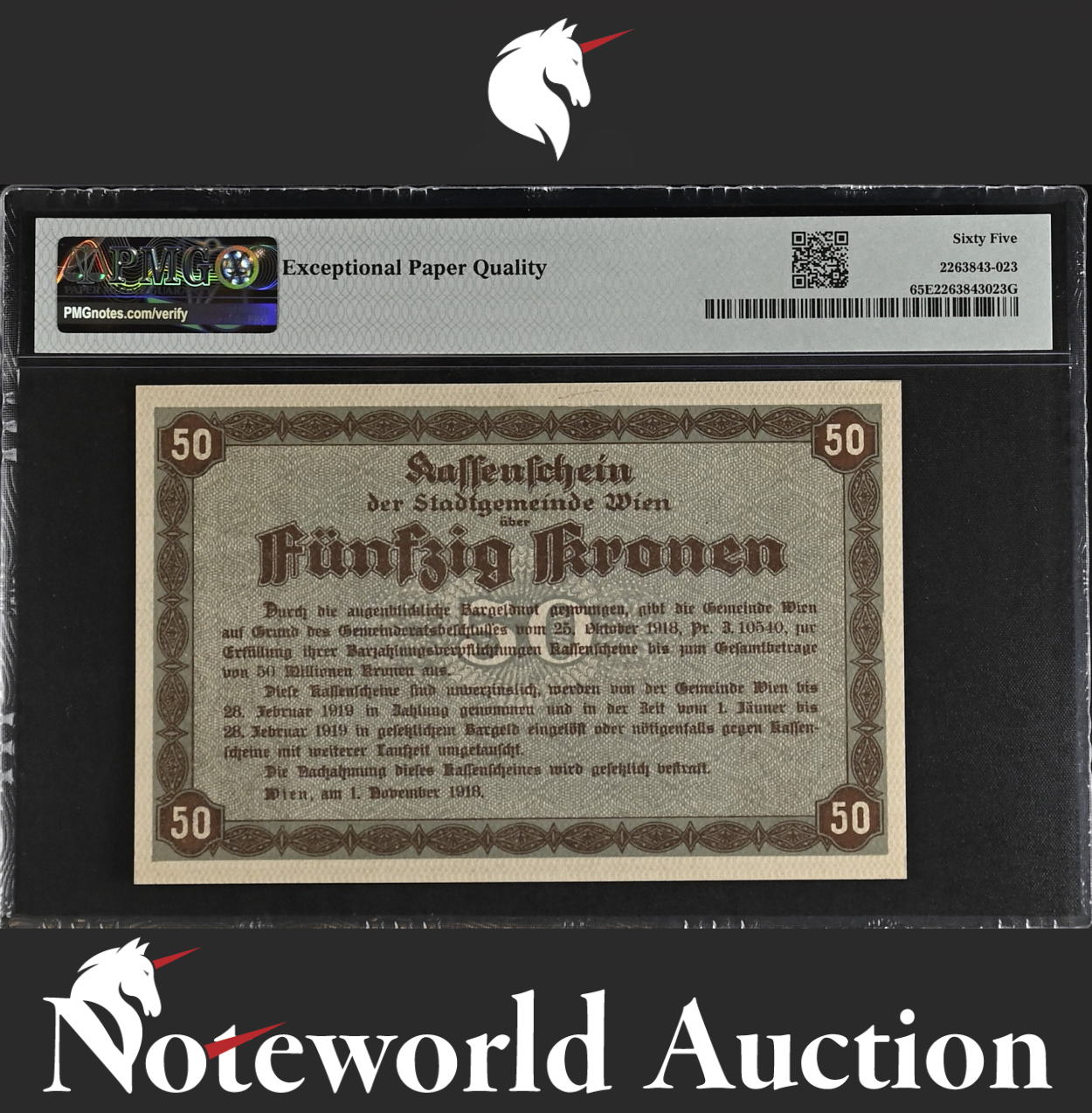 Austria Municipality of Vienna 50 Kronen Pick Unlisted 1918 UNC PMG 65 EPQ