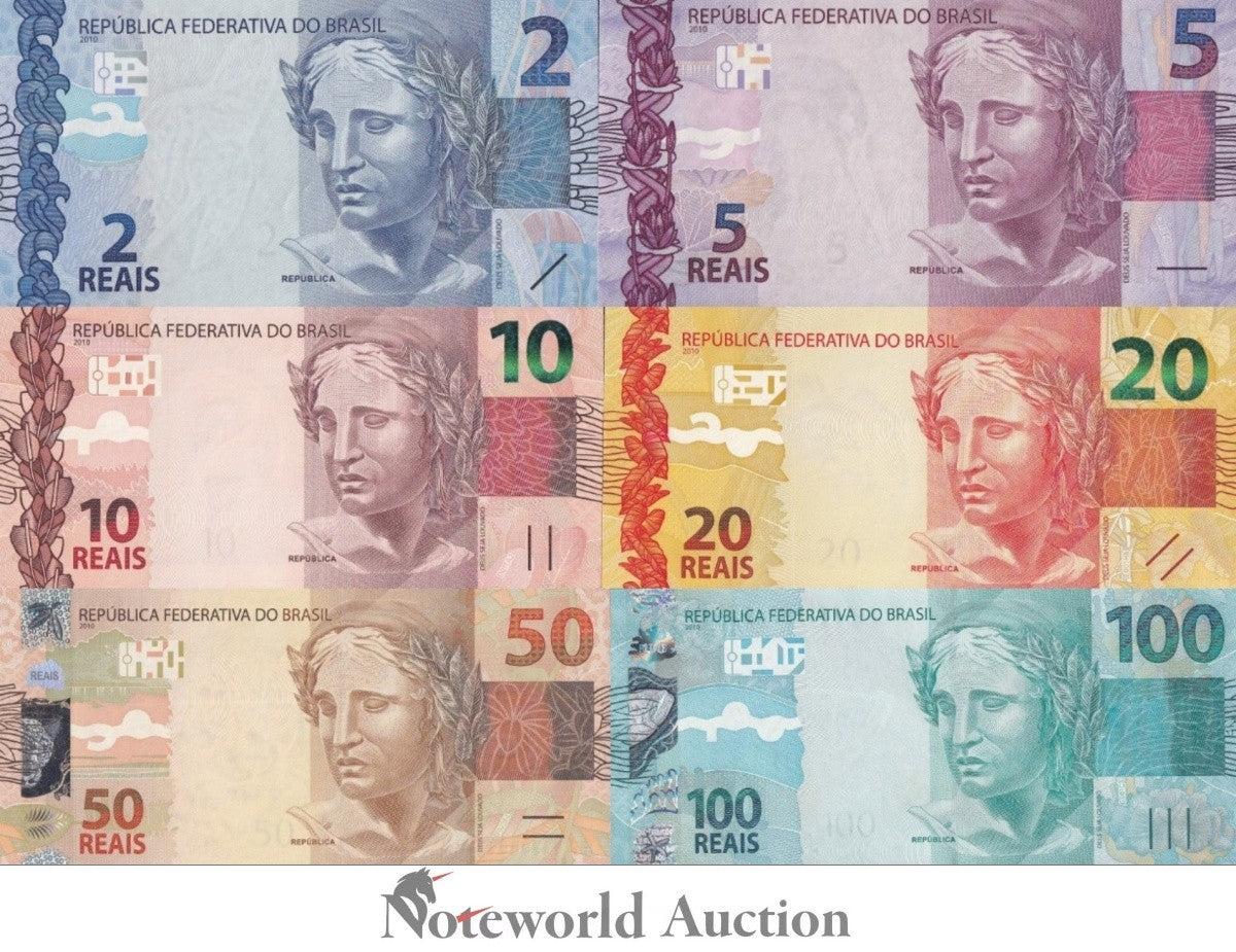 BRAZIL 2 5 10 20 50 100 Reais 2010 P 252 253 254 255 256 257 Set 6 pcs UNC