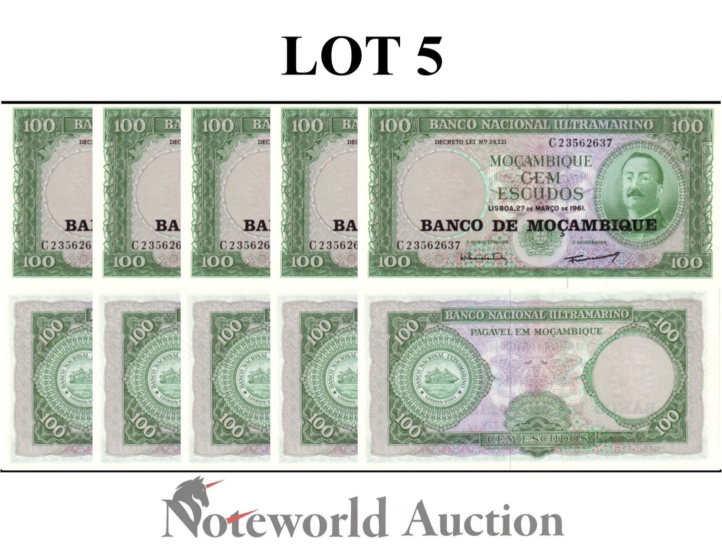 MOZAMBIQUE 100 Escudoa 1961(1976) P 117 Lot 5 pcs 1/20 Bundle UNC