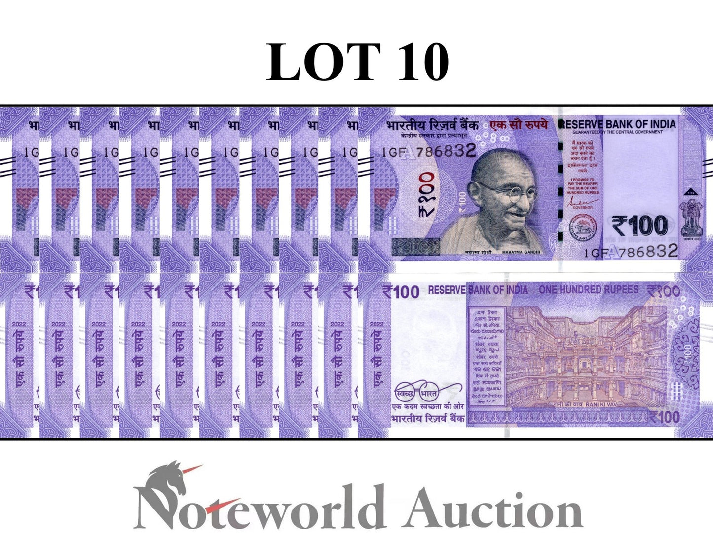 INDIA 100 Rupees 2022 P 112 Plate Letter A Lot 10 pcs 1/10 Bundle UNC