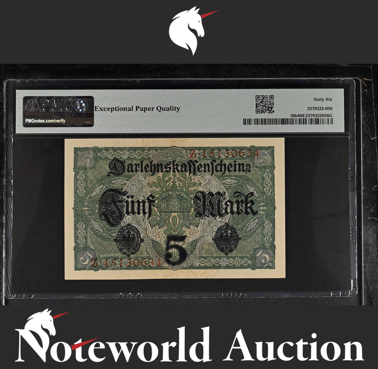 Germany State Loan Currency Note 5 Mark 1917 P 56b UNC PMG 66 EPQ 3rd TOP POP