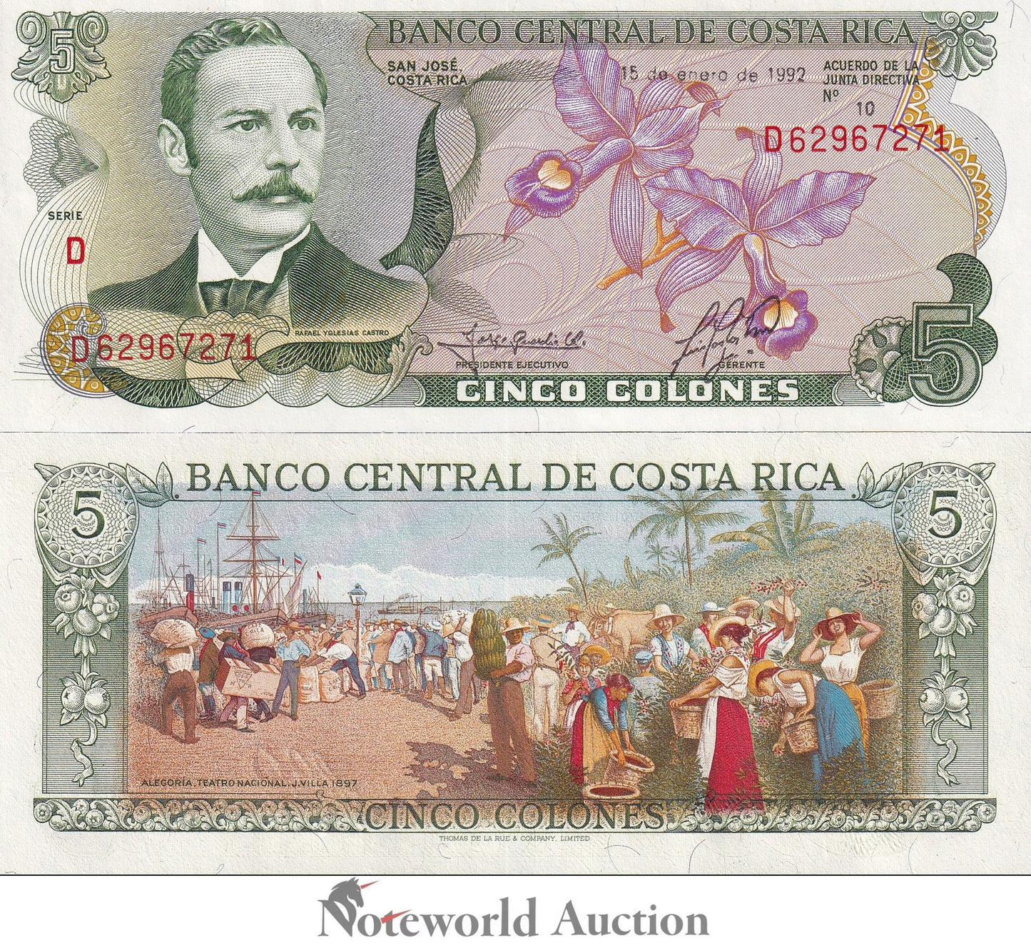 COSTA RICA Lot 10 pcs 1/10 Bundle - 5 Colones 1992 P 236e UNC