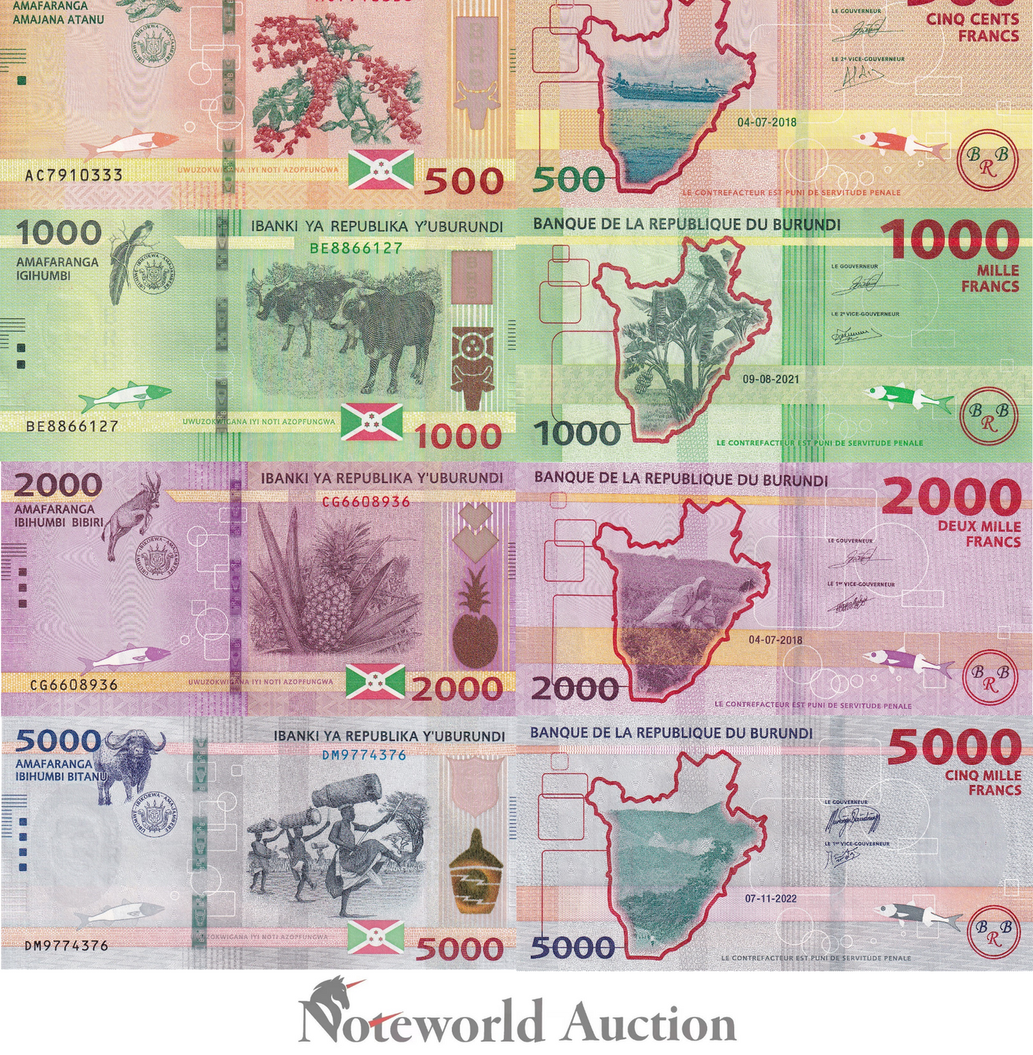 BURUNDI 500 1000 2000 5000 Francs 2018-2022(2023) P 50 51 52 58 Set 4 pcs UNC