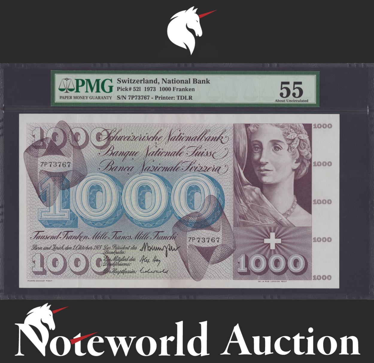 Switzerland National Bank 1000 Franken 1973 P 521 Rare AU PMG 55
