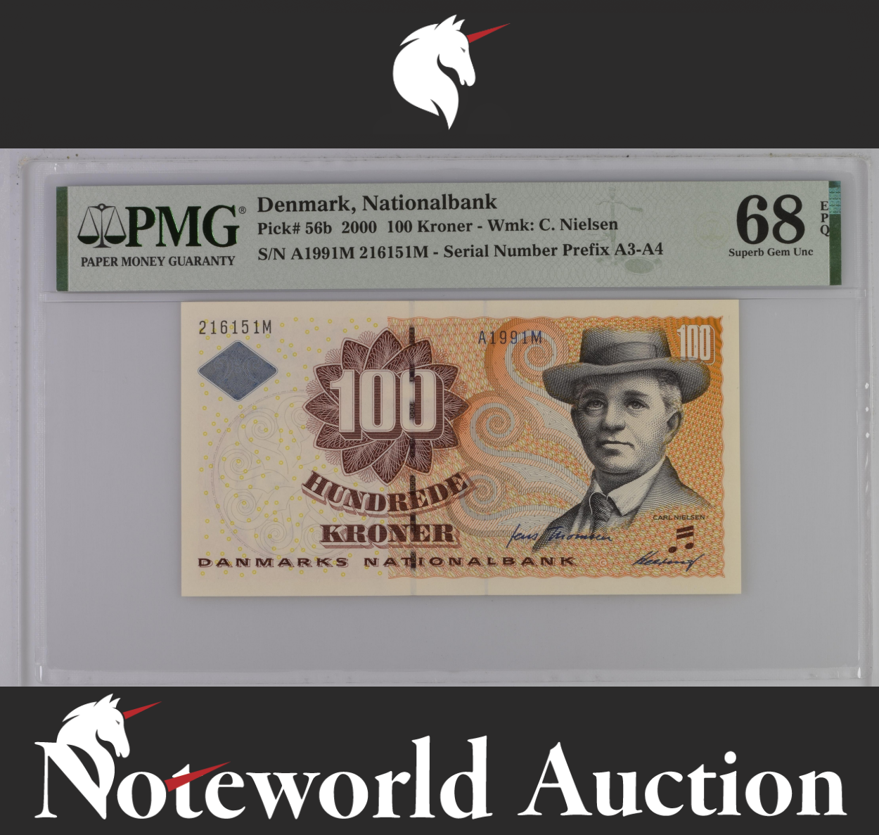 Denmark 100 Kroner 1999 P 56a Prefix A0-A2 UNC PMG 68 EPQ TOP POP
