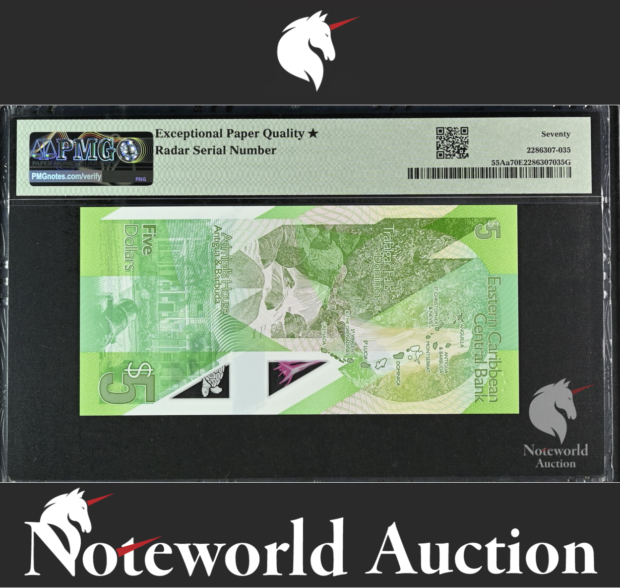 East Caribbean States 5 2021 P 55Aa Radar S/N 988889 UNC PMG 70 EPQ STAR TOP POP