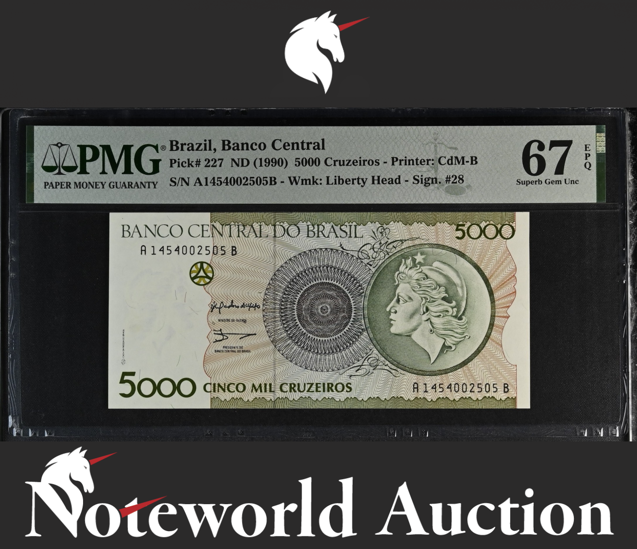 Brazil Banco Central 5000 Cruzeiros 1990 P 227 UNC PMG 67 EPQ 3rd TOP POP