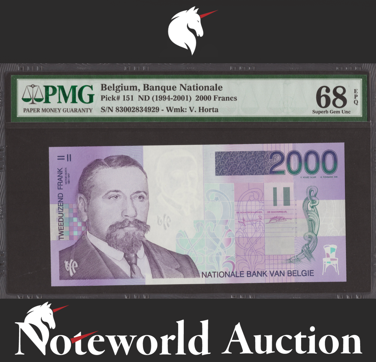 Belgium Banque Nationale 2000 Francs 1994-2001 P 151 UNC PMG 68 EPQ 2nd TOP POP