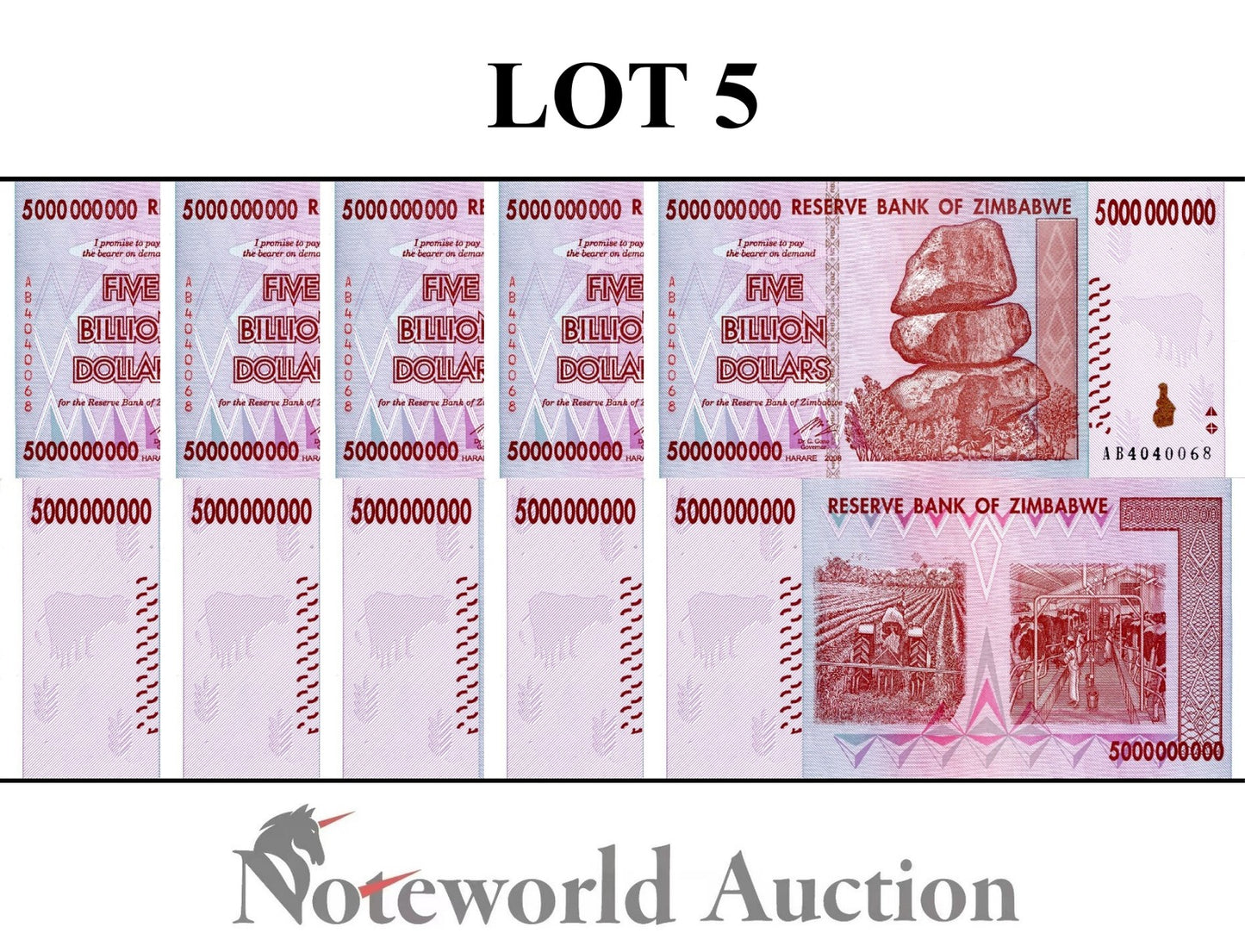 ZIMBABWE 5000000000 Dollars 2008 P 84 Lot 5 pcs 1/20 Bundle UNC