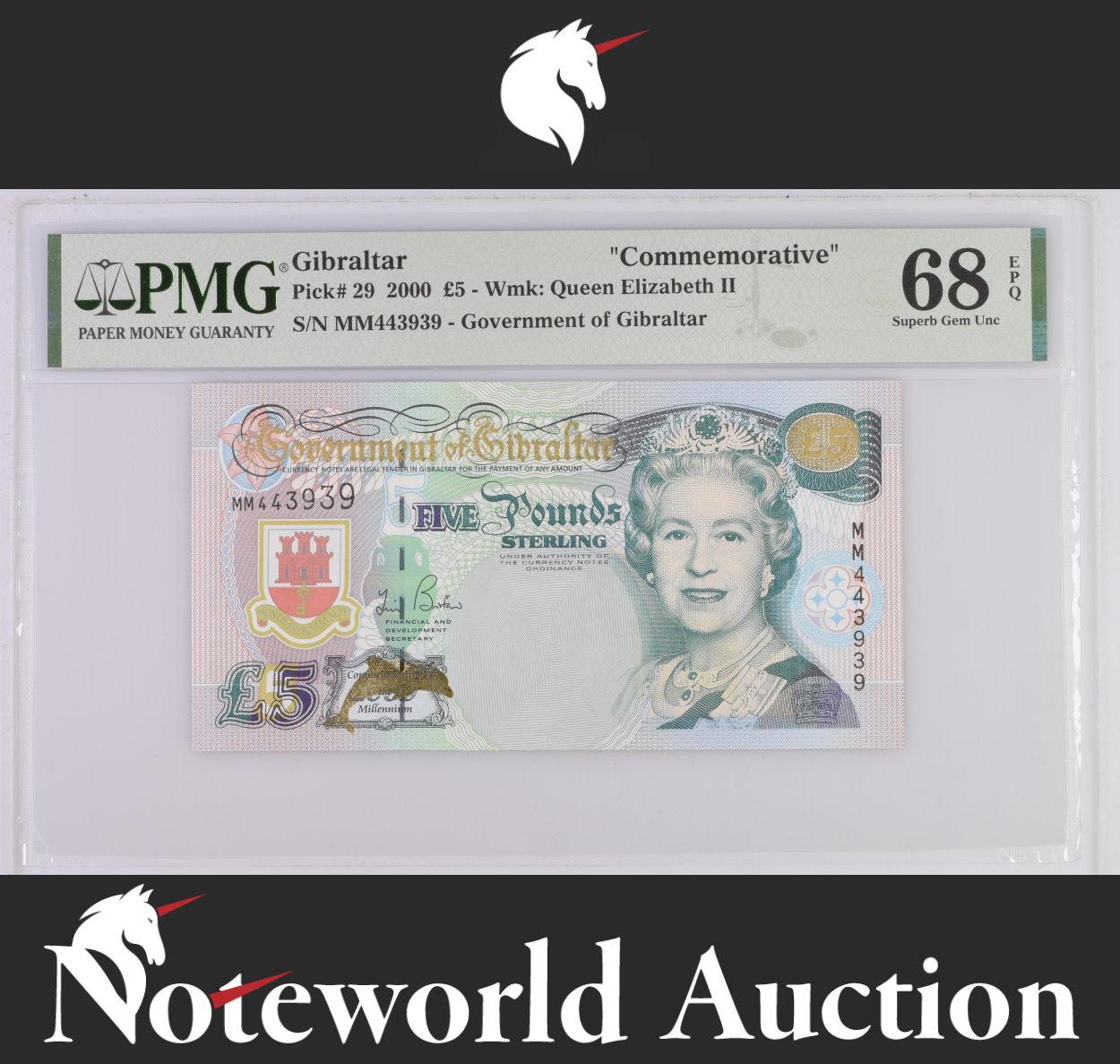 Gibraltar Commemorative 5 Pounds 2000 P 29 Prefix MM UNC PMG 68 EPQ TOP POP