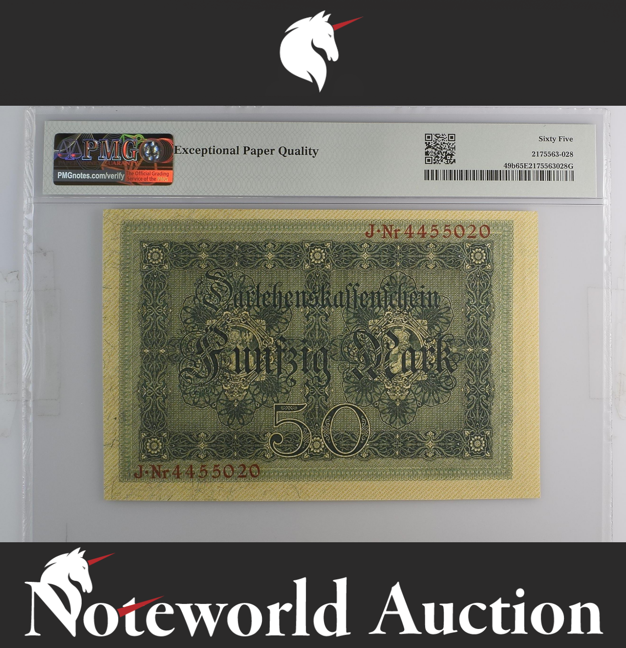 Germany State Loan Currency Note 50 Mark 1914 P 49b UNC PMG 65 EPQ 3rd TOP POP